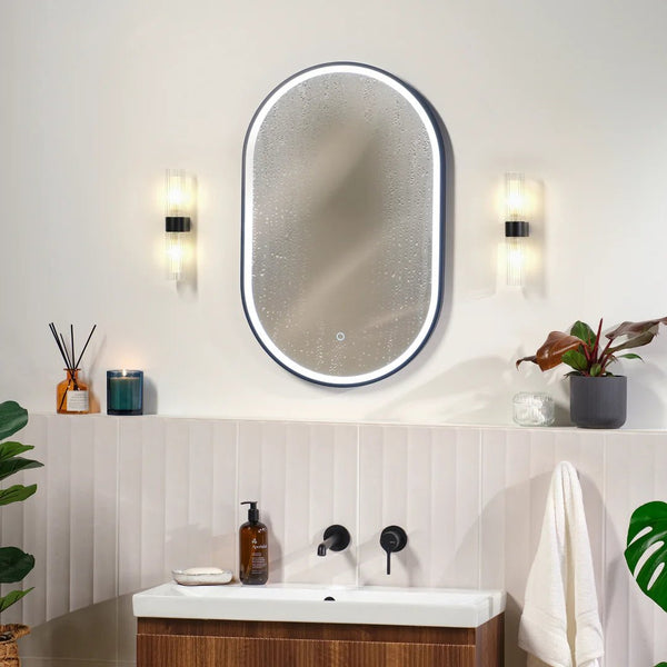 900x500mm Oval Matt Black Dimmable LED Bathroom Mirror – Pill Mirror, Frosted Front-Lit Tri-Light & Anti-Fog | Lumora