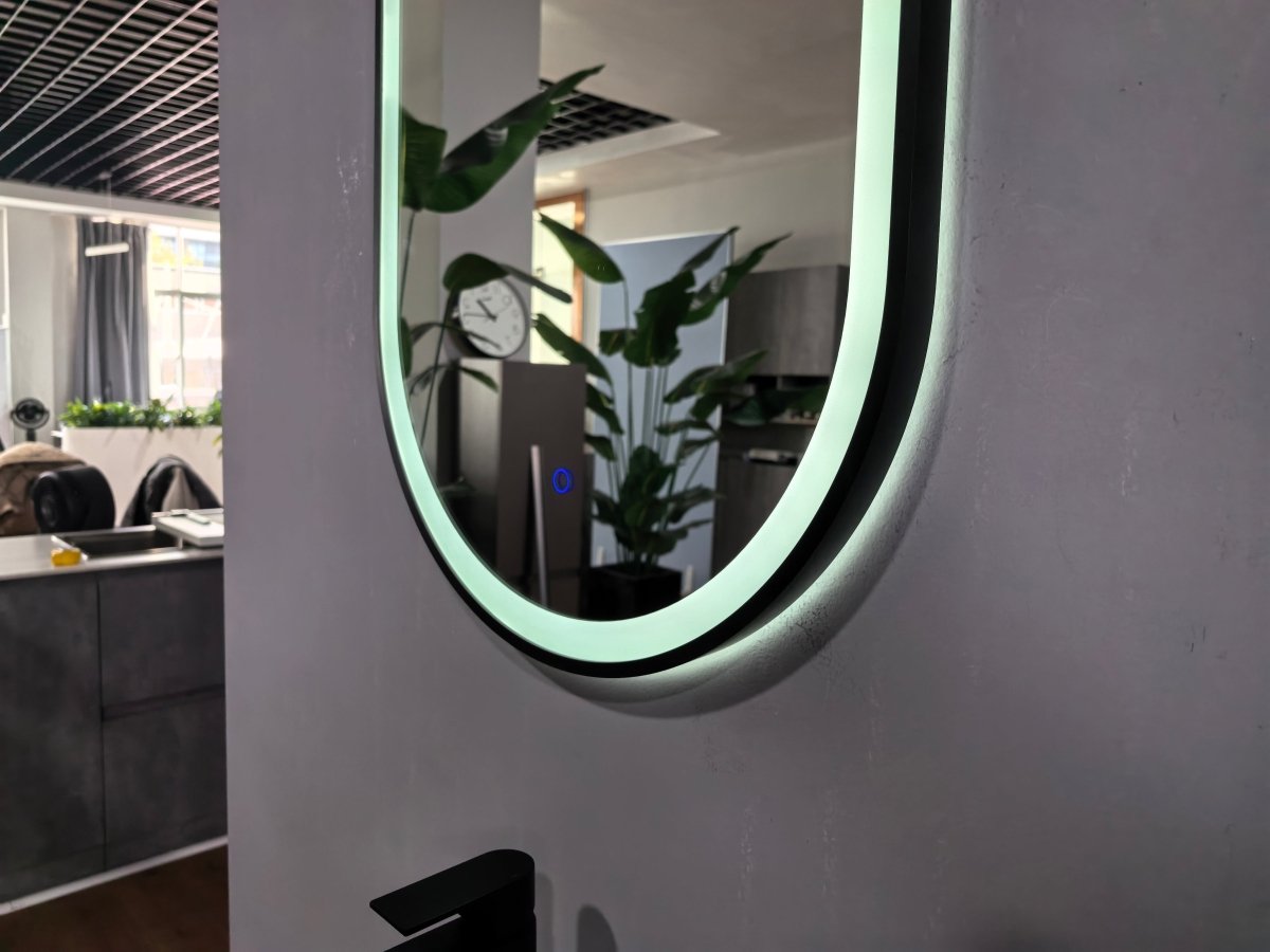 900x500mm Oval Matt Black Dimmable LED Bathroom Mirror – Pill Mirror, Frosted Front - Lit Tri - Light & Anti - Fog | Lumora - TILES Paradise