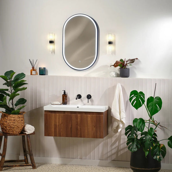 900x500mm Oval Matt Black Dimmable LED Bathroom Mirror – Pill Mirror, Frosted Front-Lit Tri-Light & Anti-Fog | Lumora