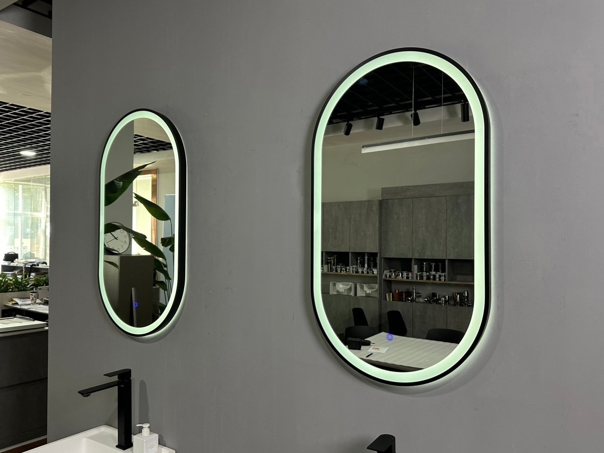 900x500mm Oval Matt Black Dimmable LED Bathroom Mirror – Pill Mirror, Frosted Front - Lit Tri - Light & Anti - Fog | Lumora - TILES Paradise