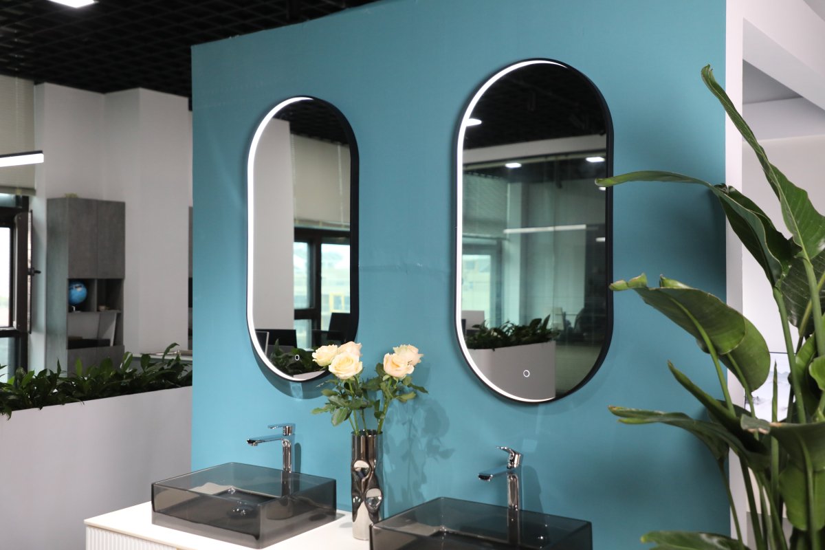 900x500mm Oval Matt Black Illuminated Dimmable LED Bathroom Mirror – Pill Mirror, Front - Lit Tri - Light & Anti - Fog | Lumora - TILES Paradise