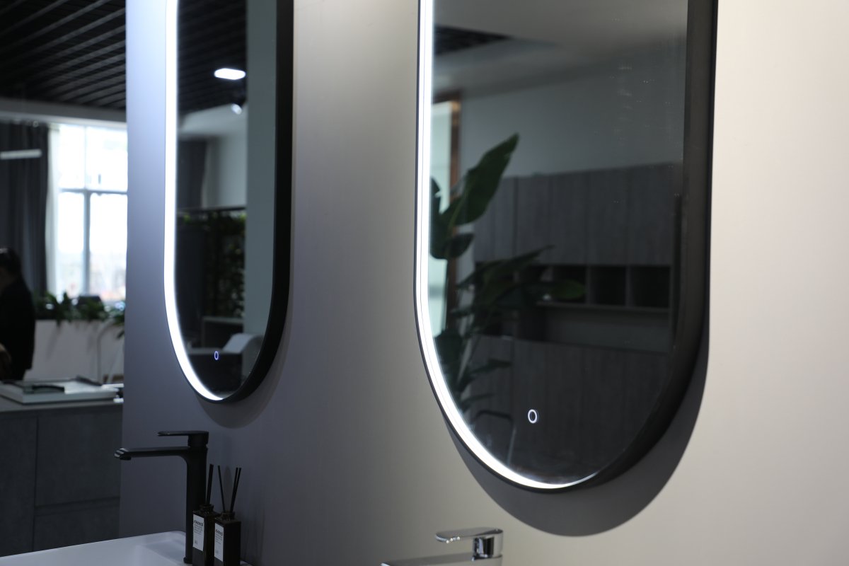 900x500mm Oval Matt Black Illuminated Dimmable LED Bathroom Mirror – Pill Mirror, Front - Lit Tri - Light & Anti - Fog | Lumora - TILES Paradise