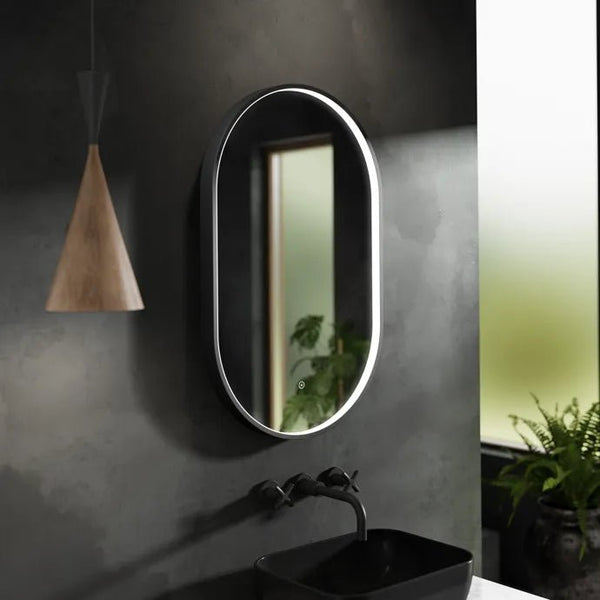 900x500mm Oval Matt Black Illuminated Dimmable LED Bathroom Mirror – Pill Mirror, Front-Lit Tri-Light & Anti-Fog | Lumora