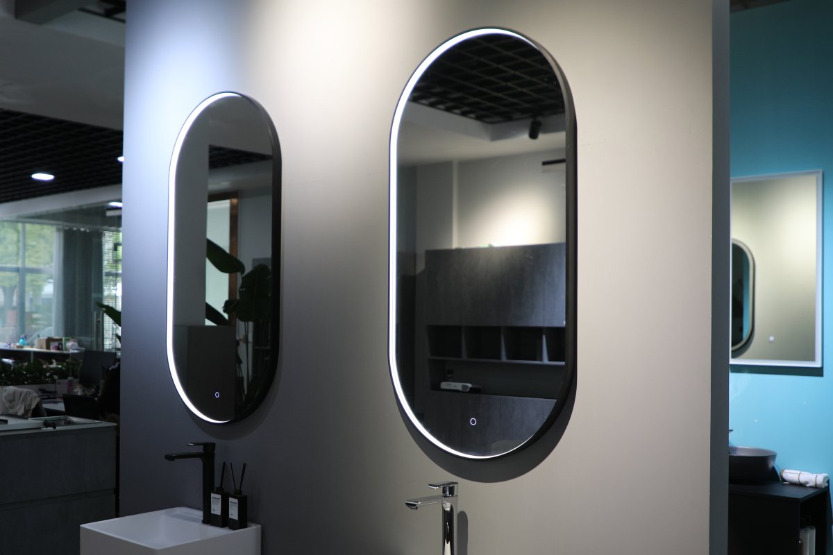 900x500mm Oval Matt Black Illuminated Dimmable LED Bathroom Mirror – Pill Mirror, Front - Lit Tri - Light & Anti - Fog | Lumora - TILES Paradise