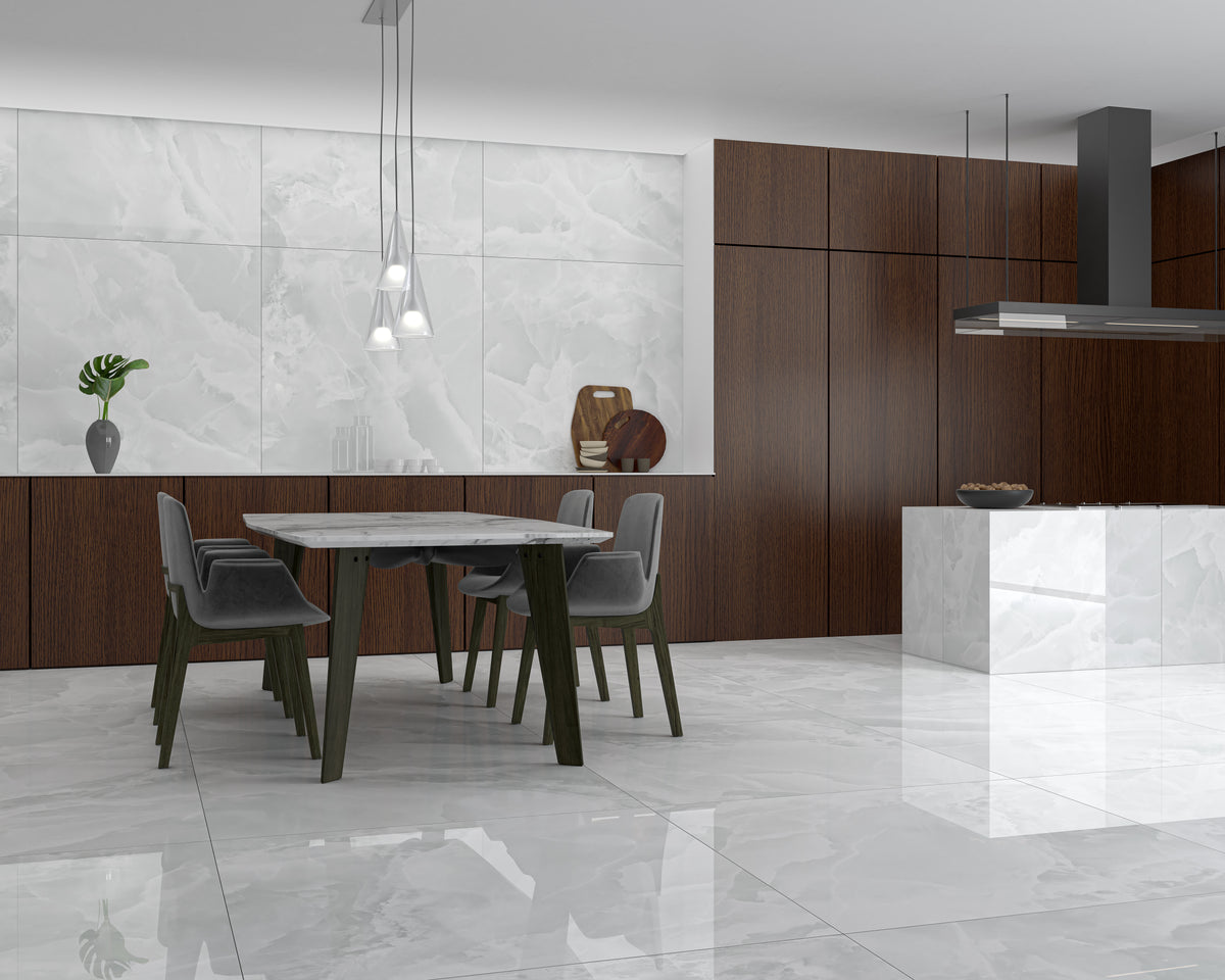 Iceland White Marble Effect Gloss Porcelain 60x120cm Wall & Floor Tile