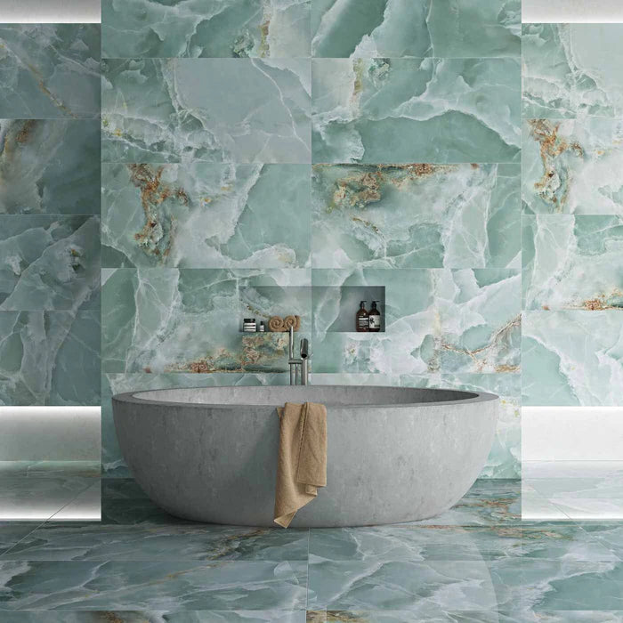 Job Lot : 34 Tiles (25 sq.m) Onyx Green Marble Effect Polished Porcelain 60x120cm Wall and Floor Tile