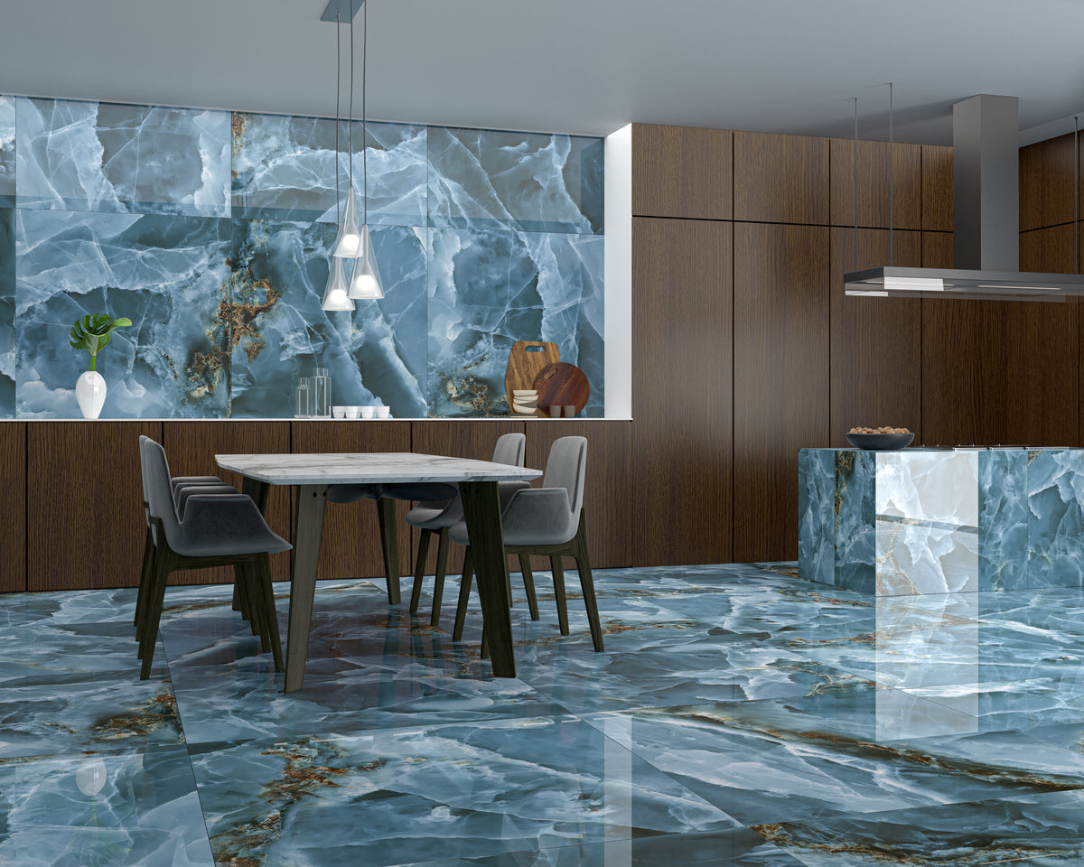 Iceland Navy Blue Marble Effect Gloss Porcelain 60x120cm Wall & Floor Tile