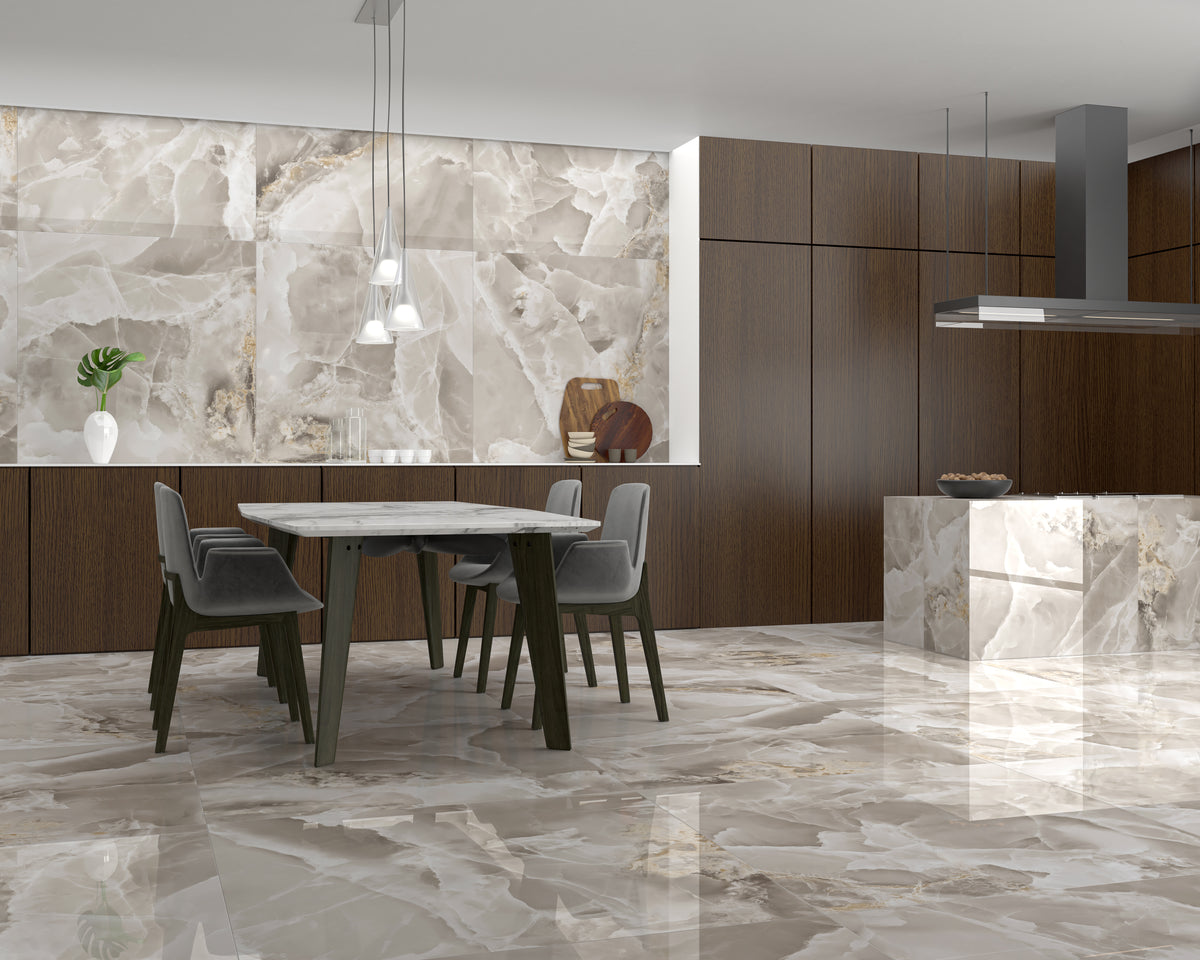 Iceland Topaz Grey Marble Effect Gloss Porcelain 60x120cm Wall & Floor Tile