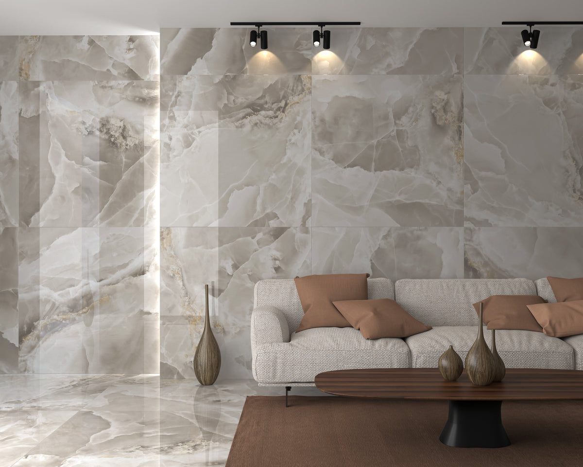Iceland Topaz Grey Marble Effect Gloss Porcelain 60x120cm Wall & Floor Tile