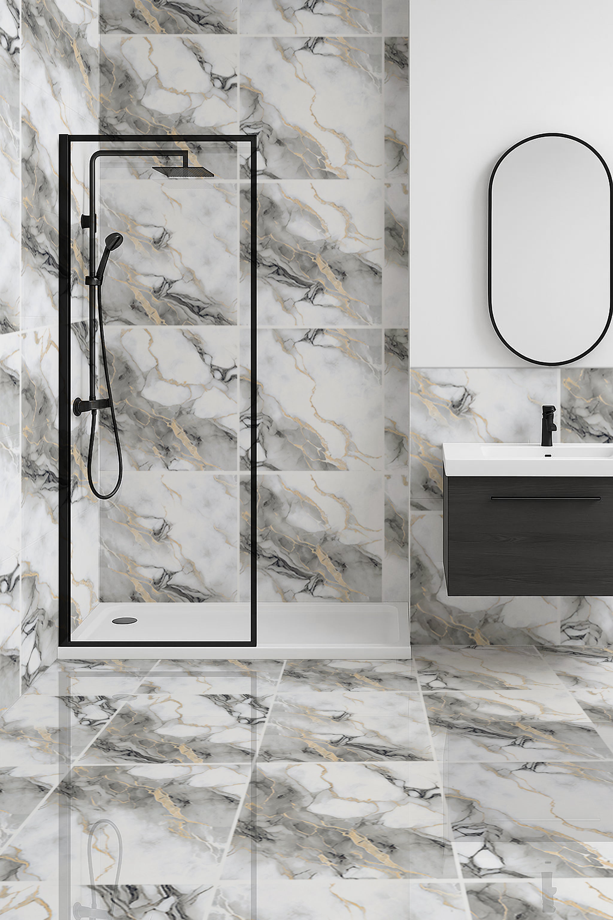Modern bathroom with marble walls and floor, black shower enclosure, and white sink.