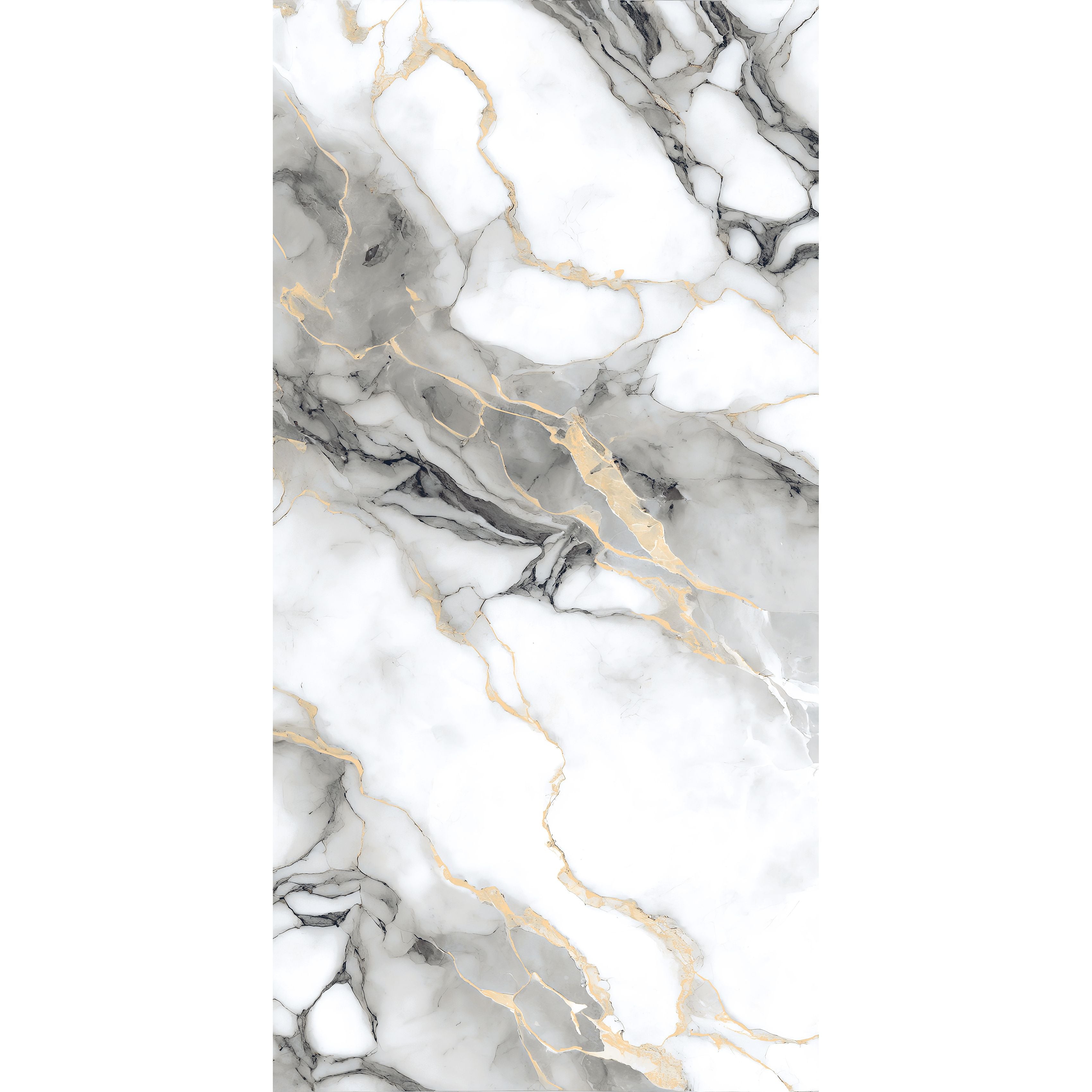 A polished porcelain tile with a soft grey base and delicate gold veining.
