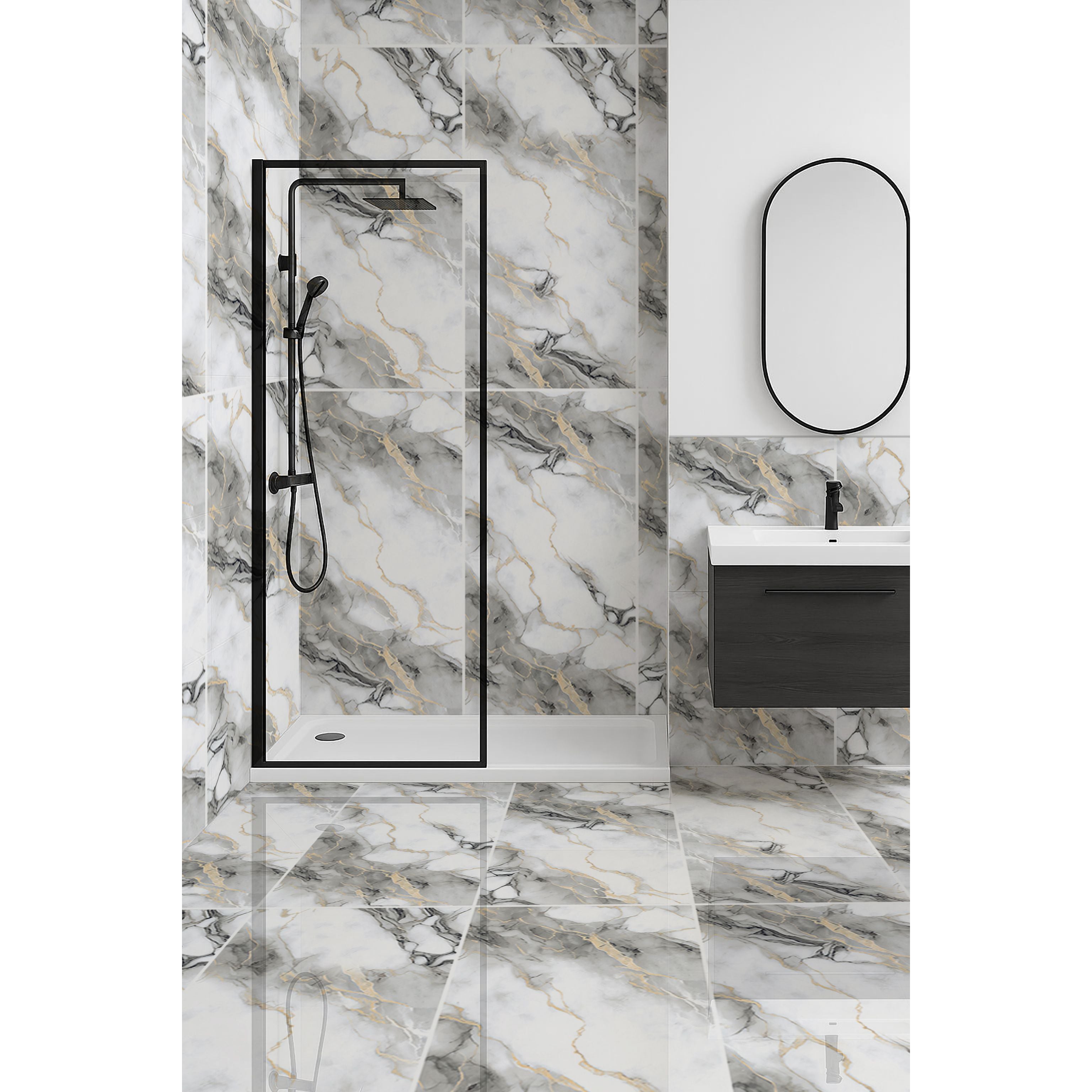 Afyon Grey Gold Polished Porcelain Tiles 60x120cm – Luxury Marble Effect Wall and Floor Tile UK.