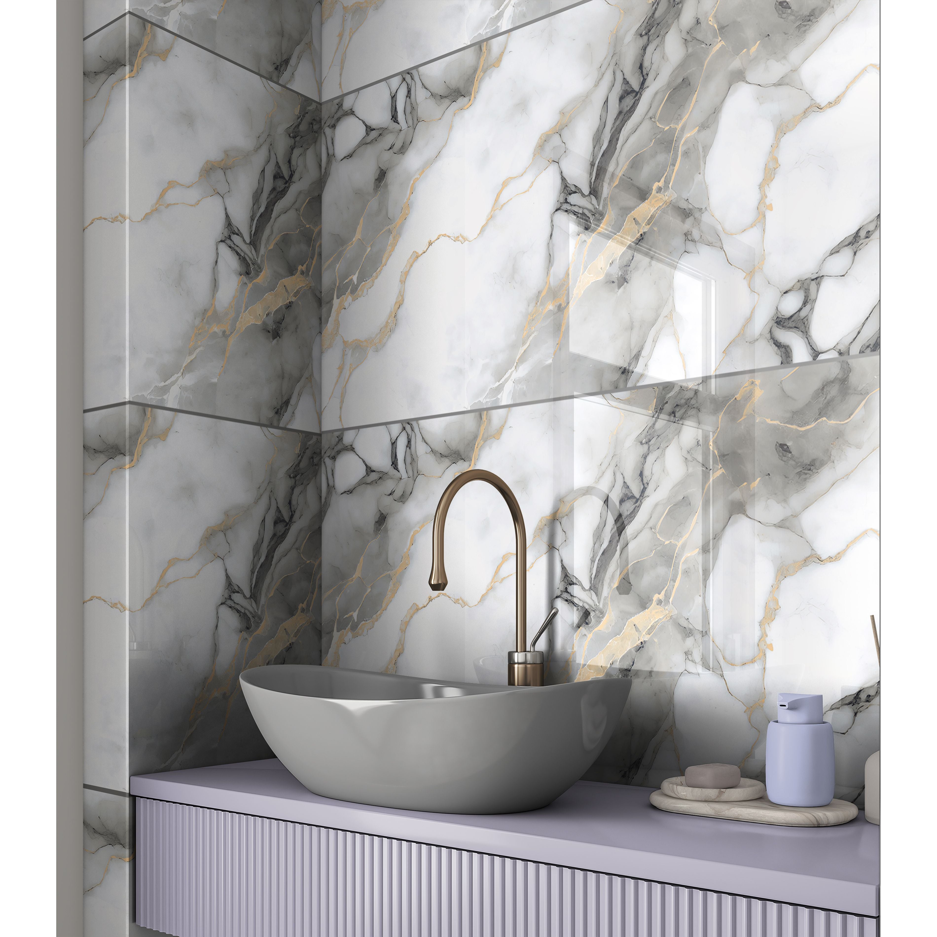 A polished porcelain tile with a contemporary grey and subtle gold veining design, displayed in a bathroom setting with a modern sink and fixtures.