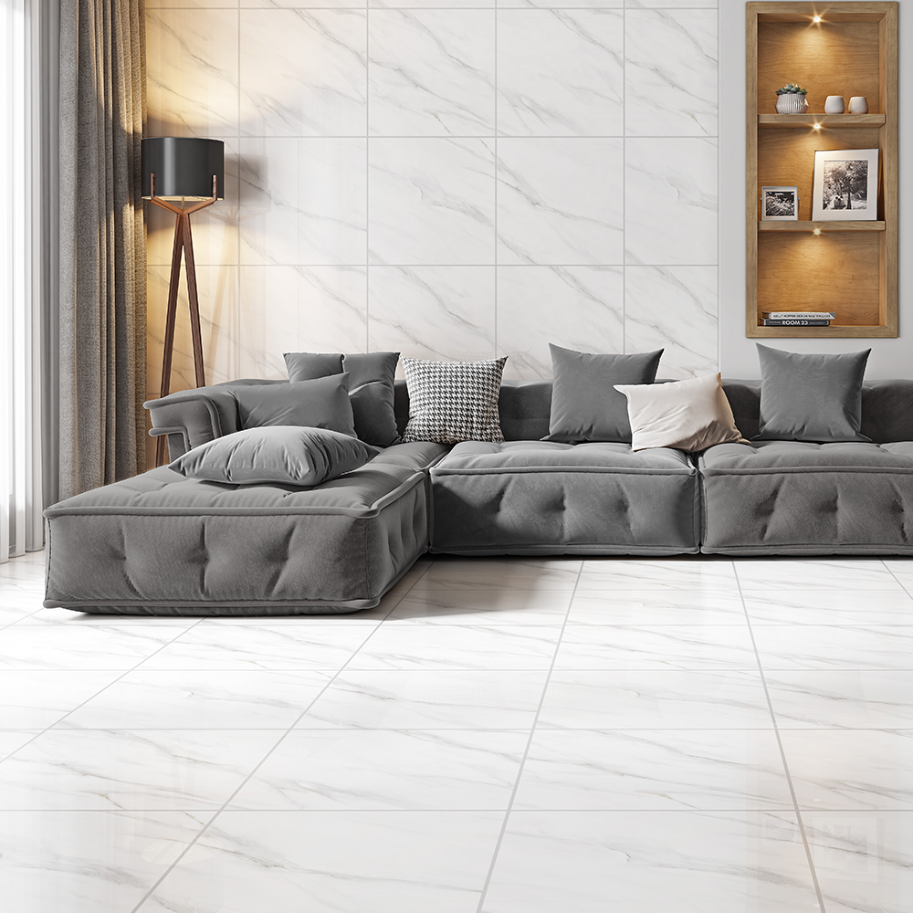 Statuario Carrara White Polished Marble Effect Porcelain 60x60cm Wall and Floor Tile