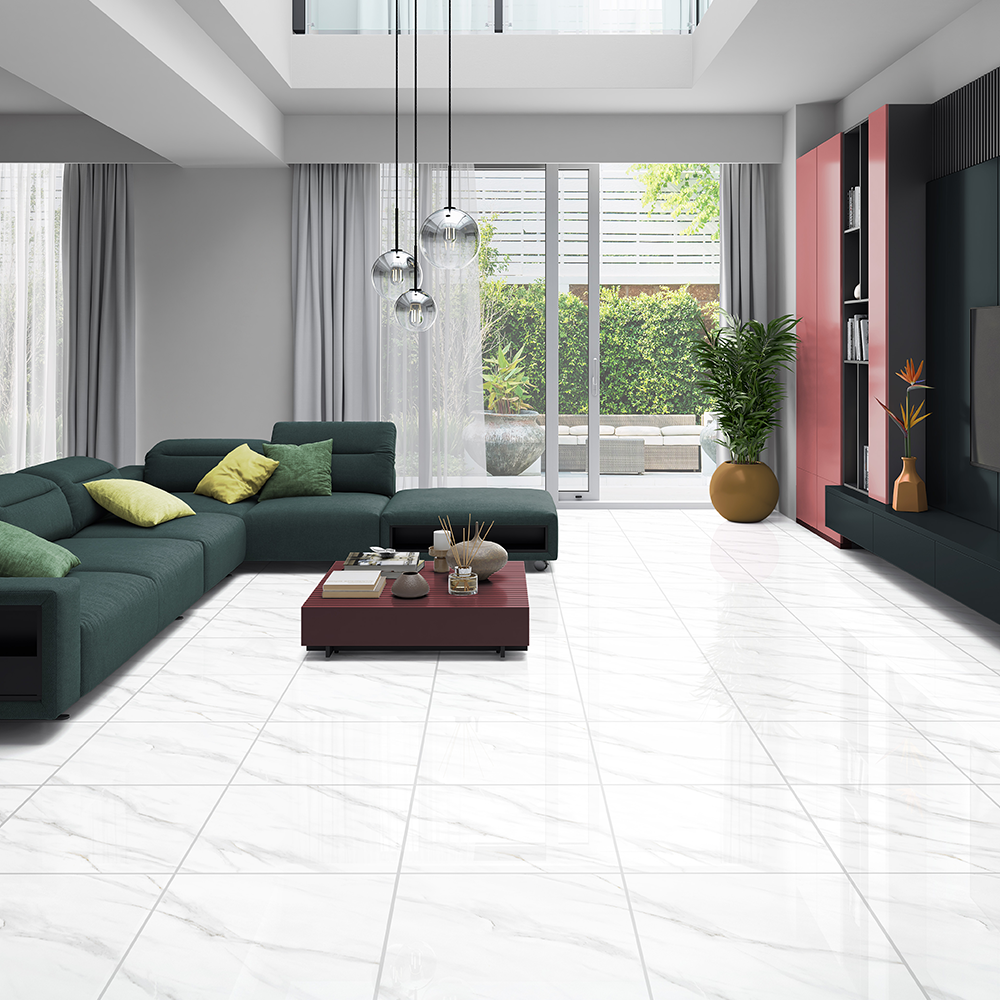 Statuario Carrara White Polished Marble Effect Porcelain 60x60cm Wall and Floor Tile