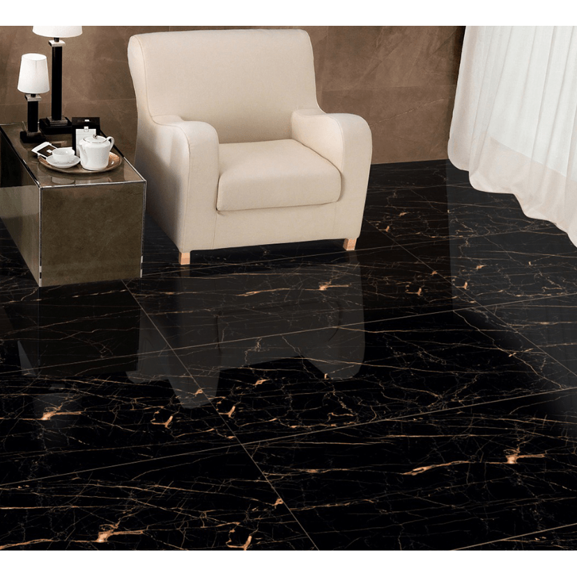 Black and gold porcelain tiles 60x120cm living room floor with high gloss polished finish and elegant design
