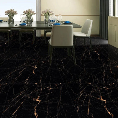 Black and gold porcelain tiles 60x120cm dining room floor with high gloss polished finish