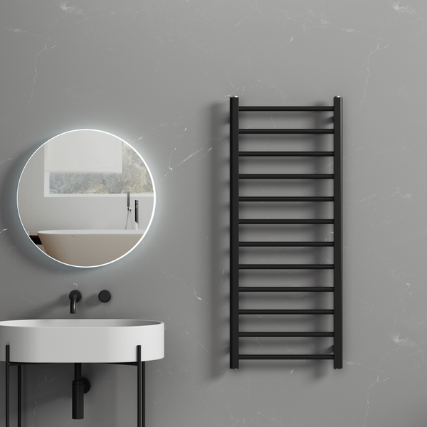 Rivena 1200x500mm Matt Black Heated Towel Rail – Slimline 12 Bar Ladder Radiator