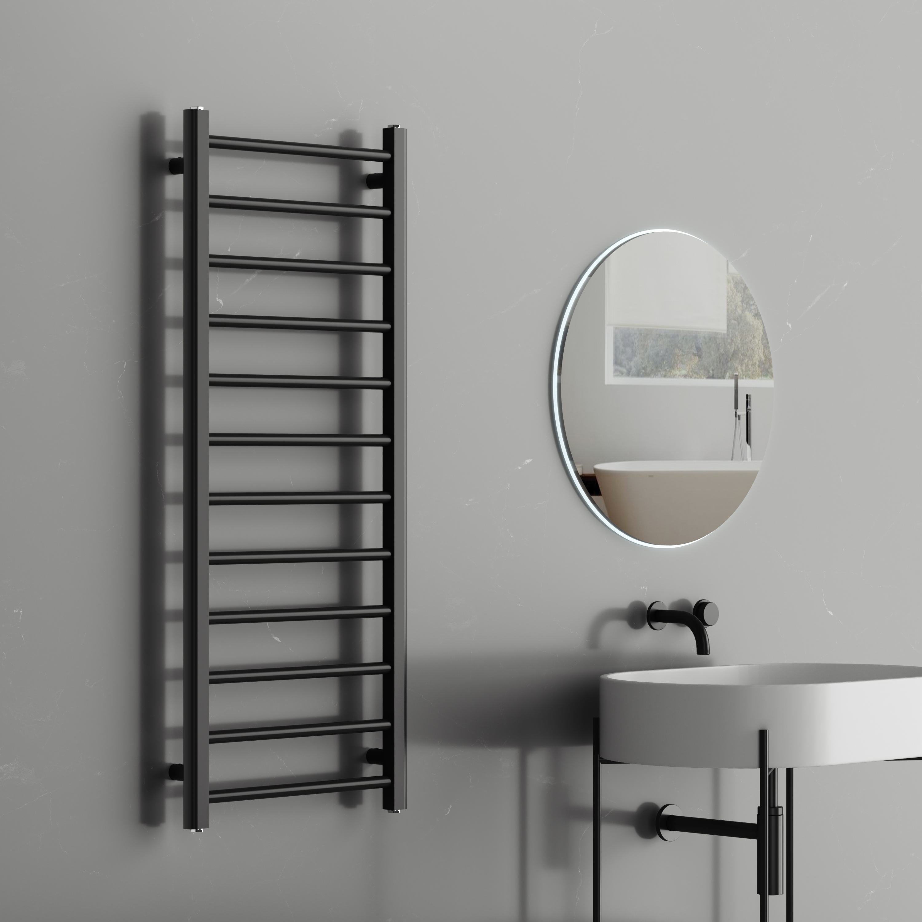 Rivena 1200x500mm Matt Black Heated Towel Rail – Slimline 12 Bar Ladder Radiator