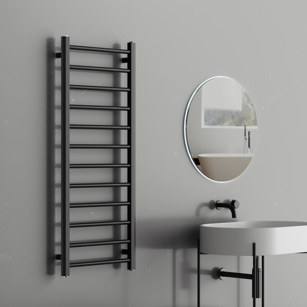Rivena 1200x500mm Matt Black Heated Towel Rail – Slimline 12 Bar Ladder Radiator