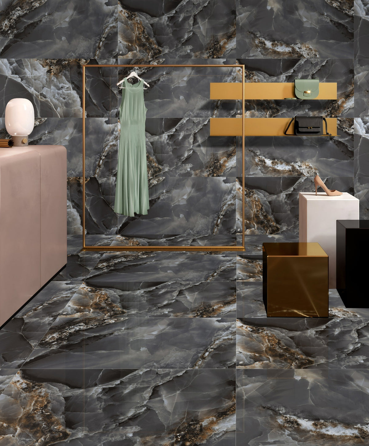Job Lot Deal: 32 Tiles (23 sq.m) Onyx Black Marble Effect Polished Porcelain 60x120cm Wall & Floor Tiles