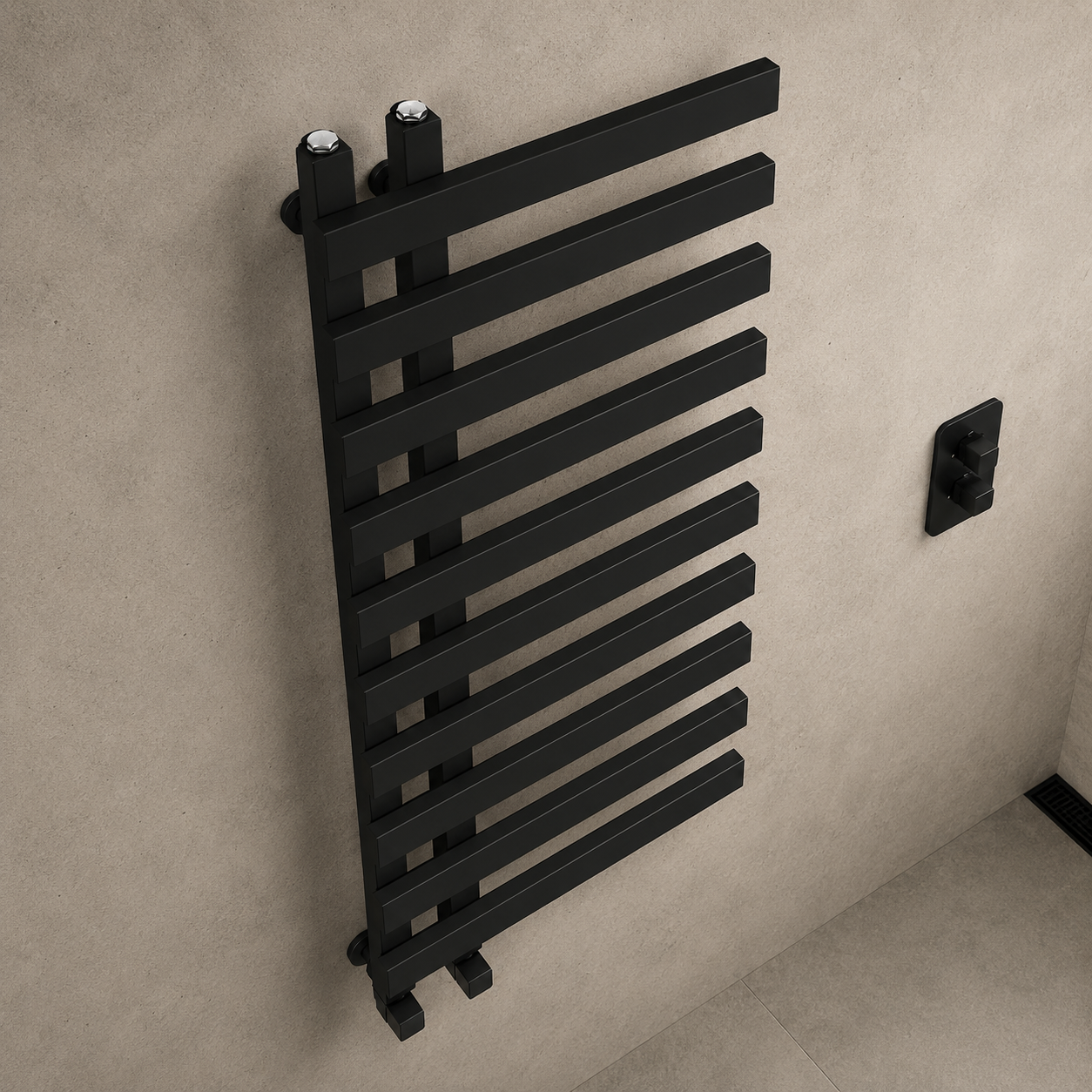 Lazio 1200x500mm Matt Black Heated Towel Rail – 11 Bar Ladder Radiator, Central Connection