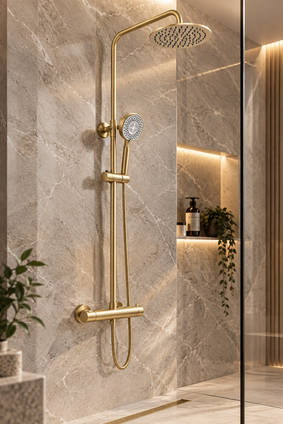 Oriana Brushed Brass Round Thermostatic Exposed Bar Shower – Overhead Drencher & Sliding Handset