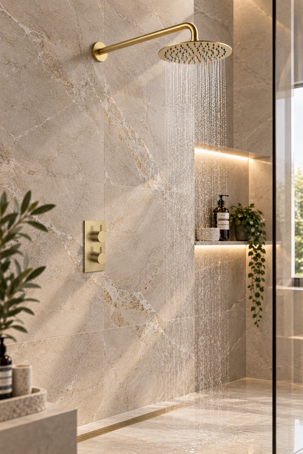Oriana Brushed Brass Round Concealed Thermostatic Shower Valve – 1 Outlet