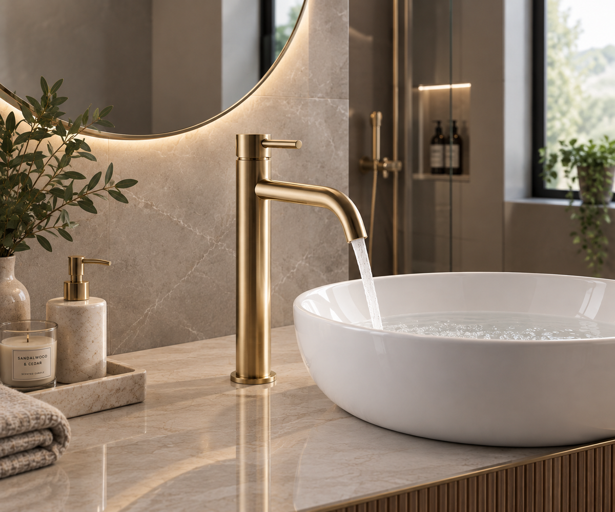 Oriana Brushed Brass Round Tall Hi-Rise Basin Mixer Tap
