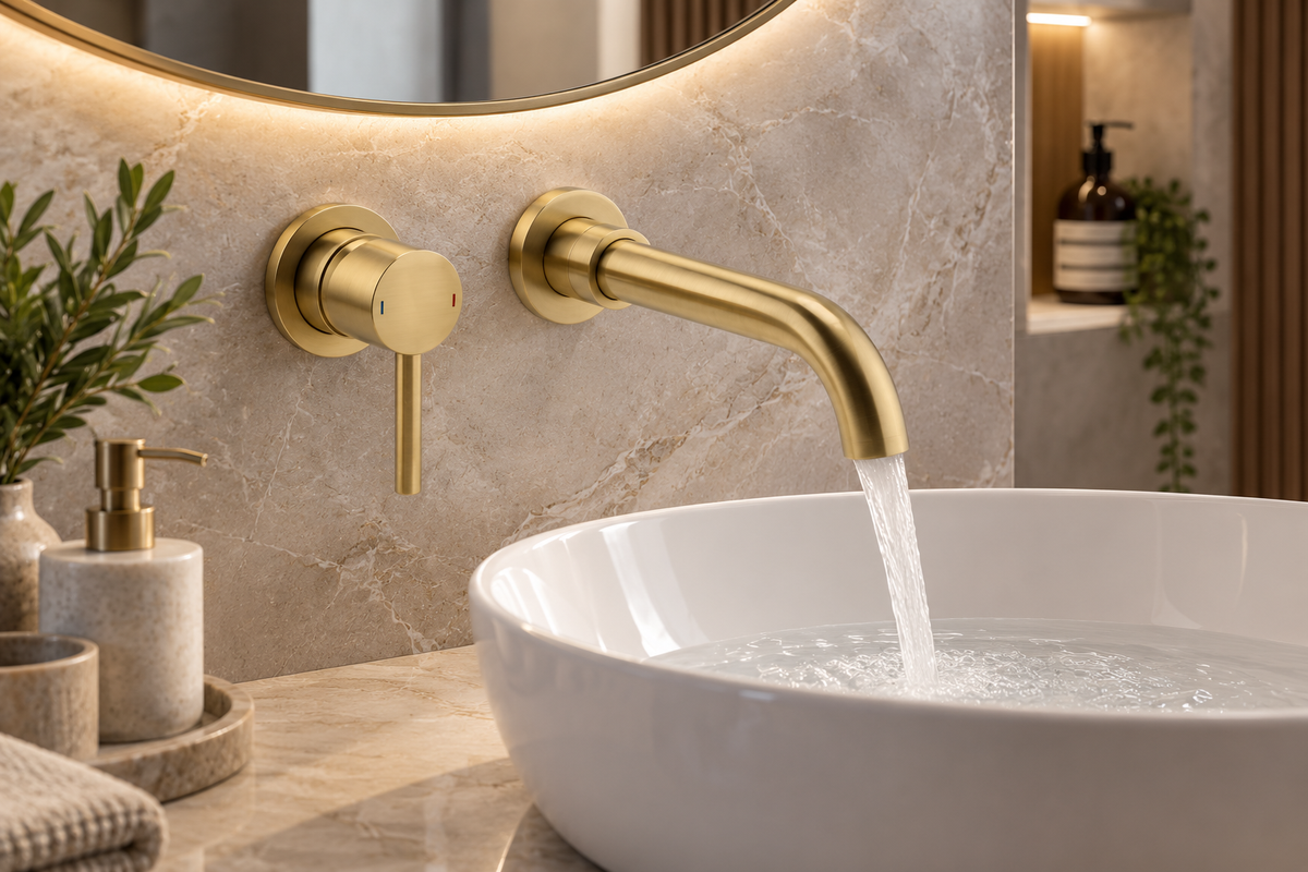 Oriana Brushed Brass Round Wall Mounted Basin Mixer Tap