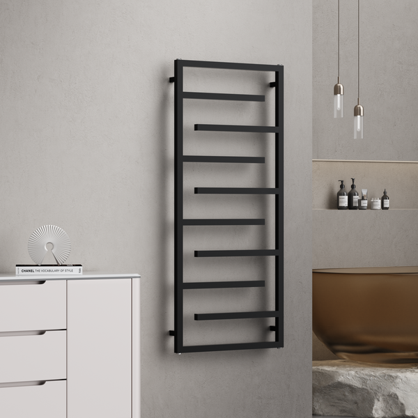 Salerno 1380x600mm Matt Black Heated Towel Rail – Large 10 Bar Ladder Radiator