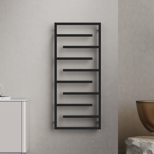 Salerno 1380x600mm Matt Black Heated Towel Rail – Large 10 Bar Ladder Radiator