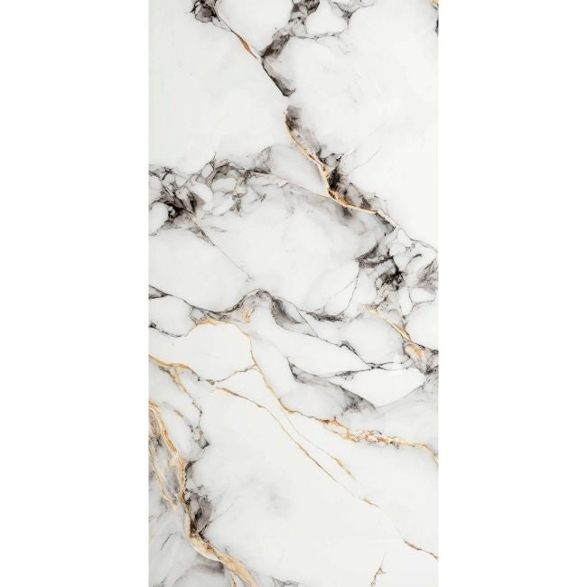 Close-up of Napoli grey polished porcelain tile showing grey and gold veining