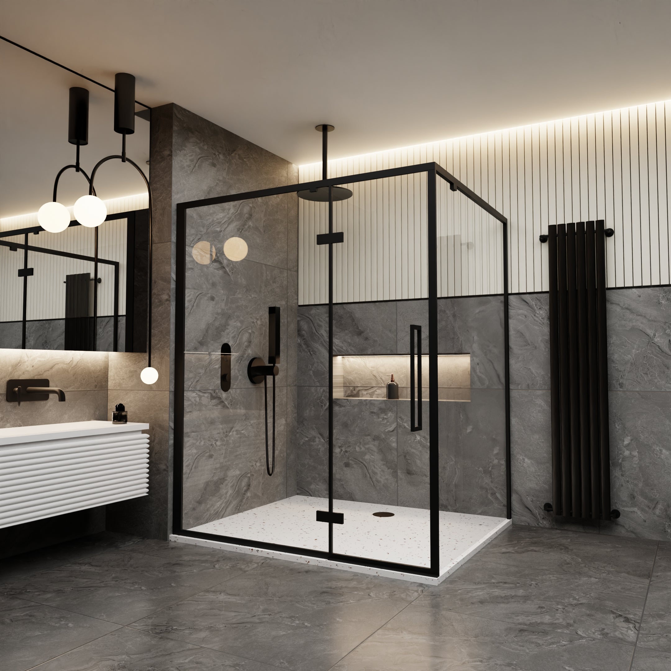 Onyx grey matt porcelain tiles 60x60cm installed on bathroom floor and walls