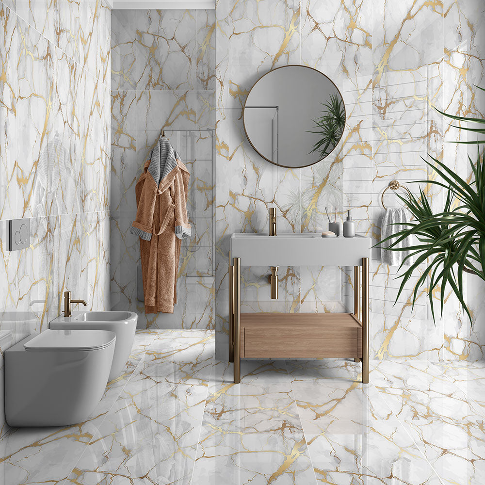 Honey Gold Marble Effect Polished Porcelain 60x120cm Wall and Floor Tile