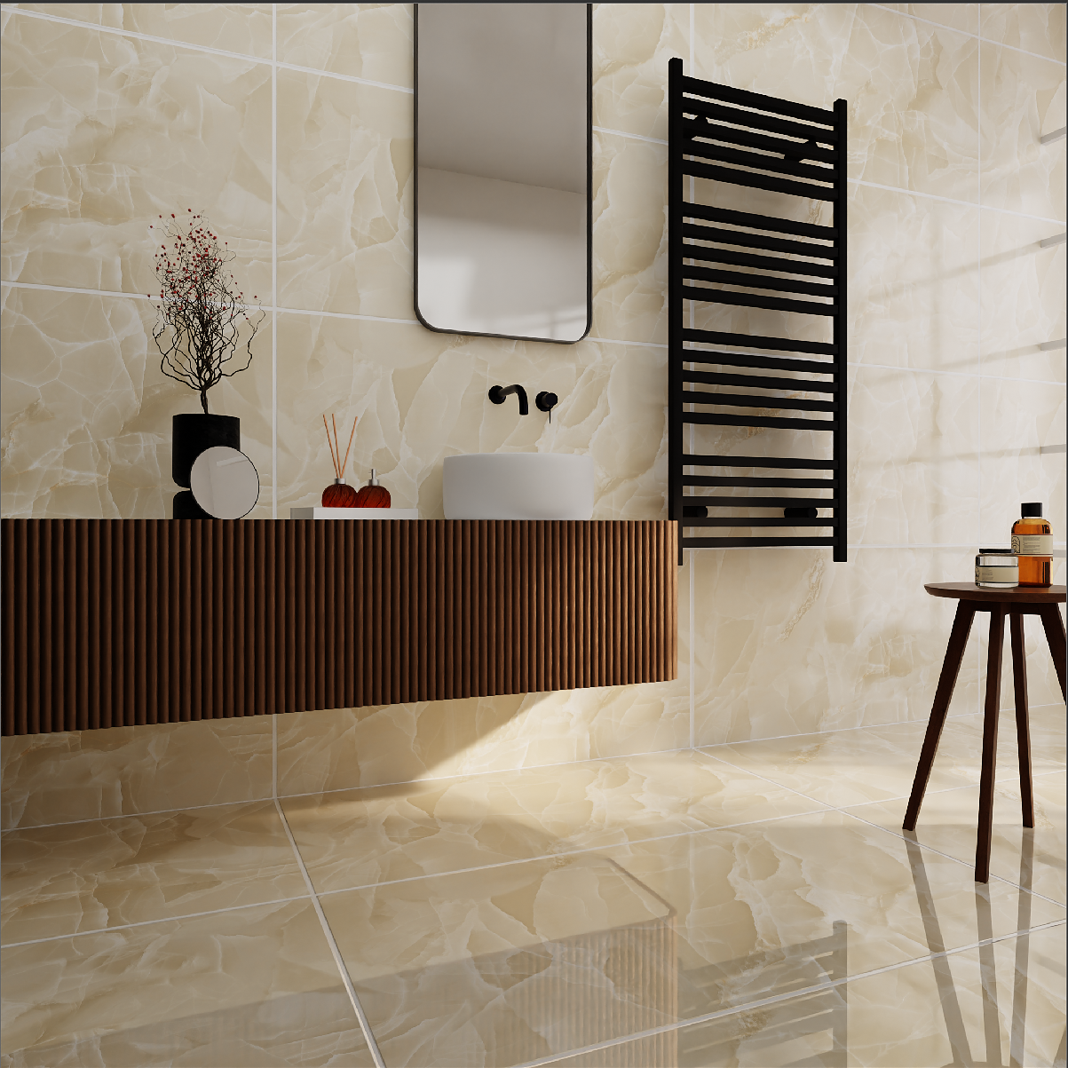 Bathroom interior with a black towel radiator, sink, and decorative items.