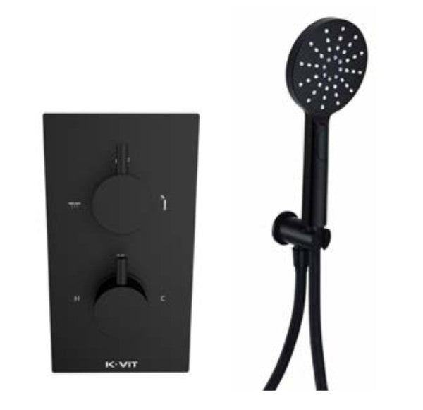 Oriana matt black round outlet elbow with wall bracket and shower handset