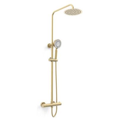 Oriana brushed brass thermostatic exposed bar shower with round drencher and sliding handset