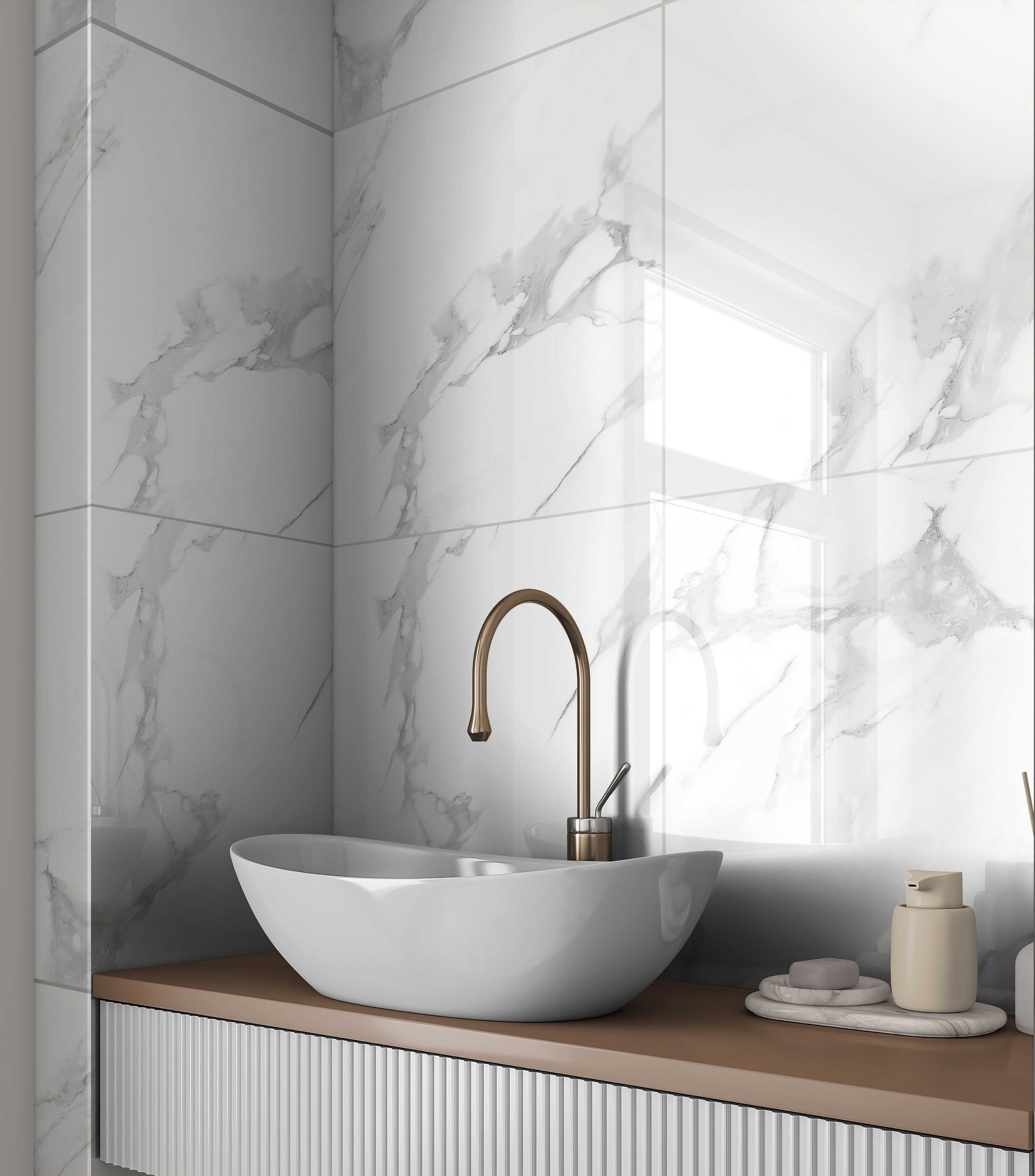 Statuario Clara Grey Polished Marble Effect Porcelain 60x60cm Wall and Floor Tile