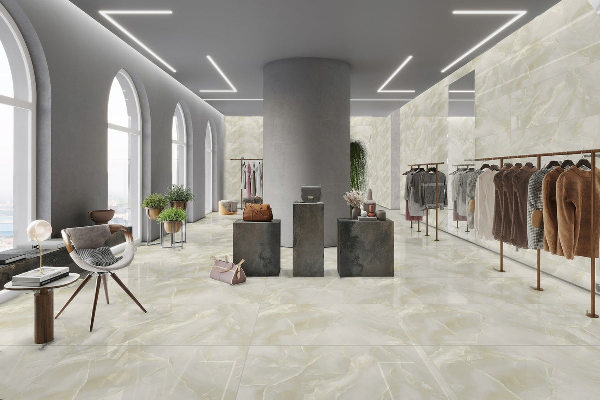 Ivory Pearl Onyx Effect Gloss Porcelain 60x60cm Wall & Floor Tile - full tile