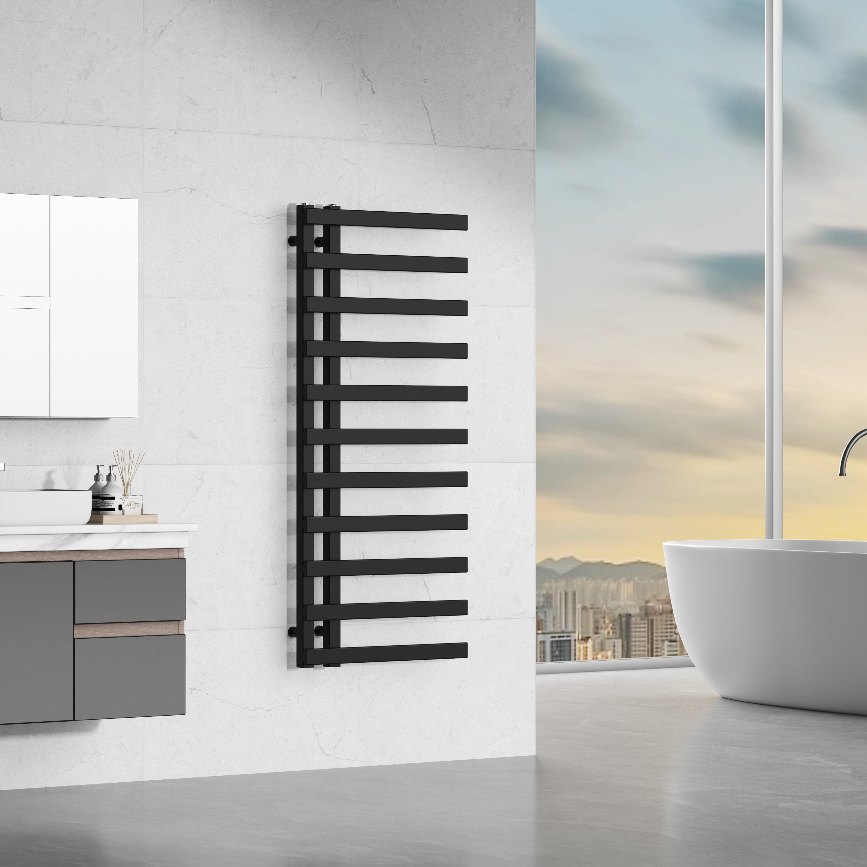Lazio 1200x500mm Matt Black Heated Towel Rail – 11 Bar Ladder Radiator, Central Connection