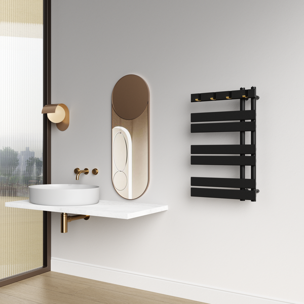 Delano 800x500mm Matt Black Heated Towel Rail – Compact Designer Radiator, Central Connection