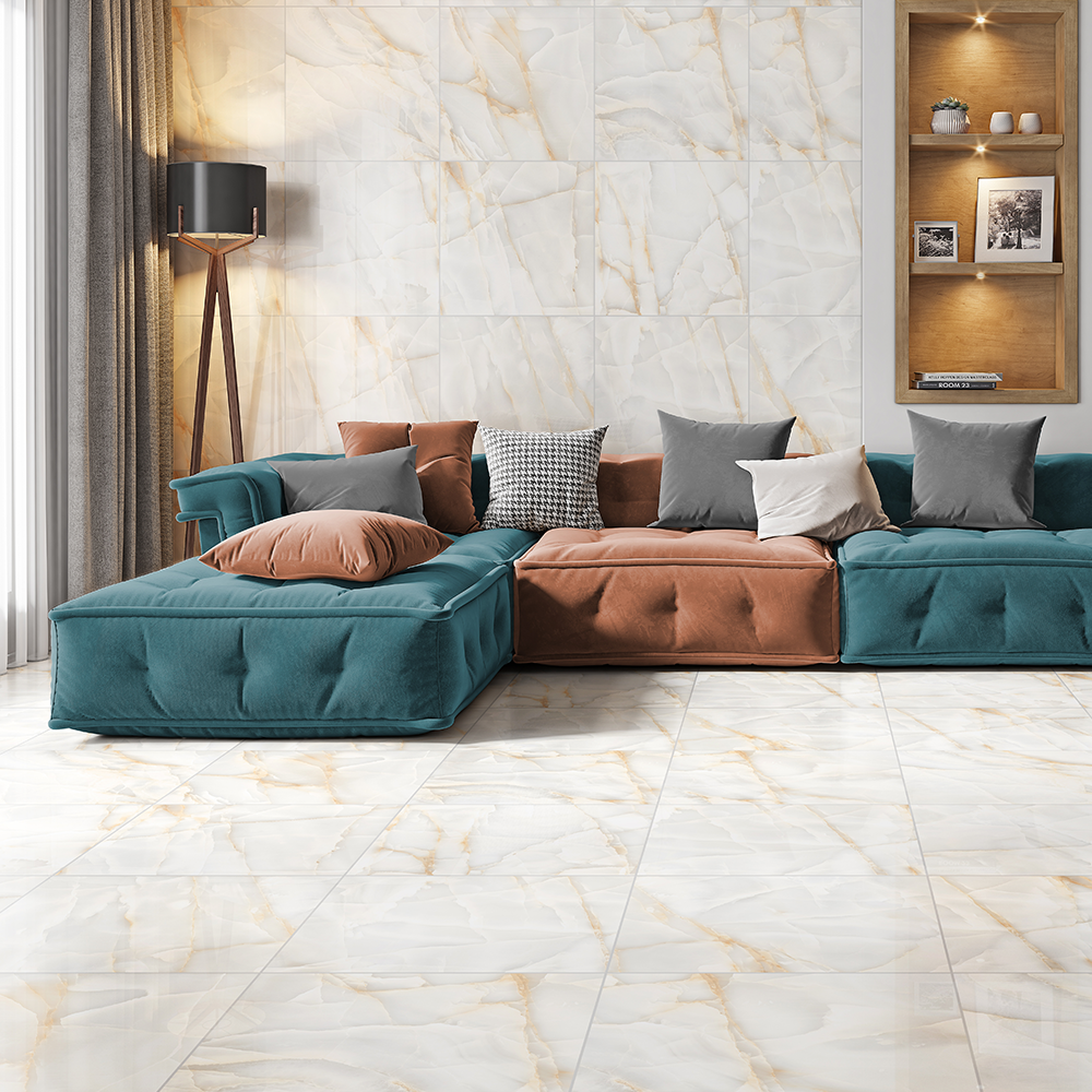 Persian Onyx Gold White Glossy Porcelain Tiles 60x60cm Wall & Floor Tile