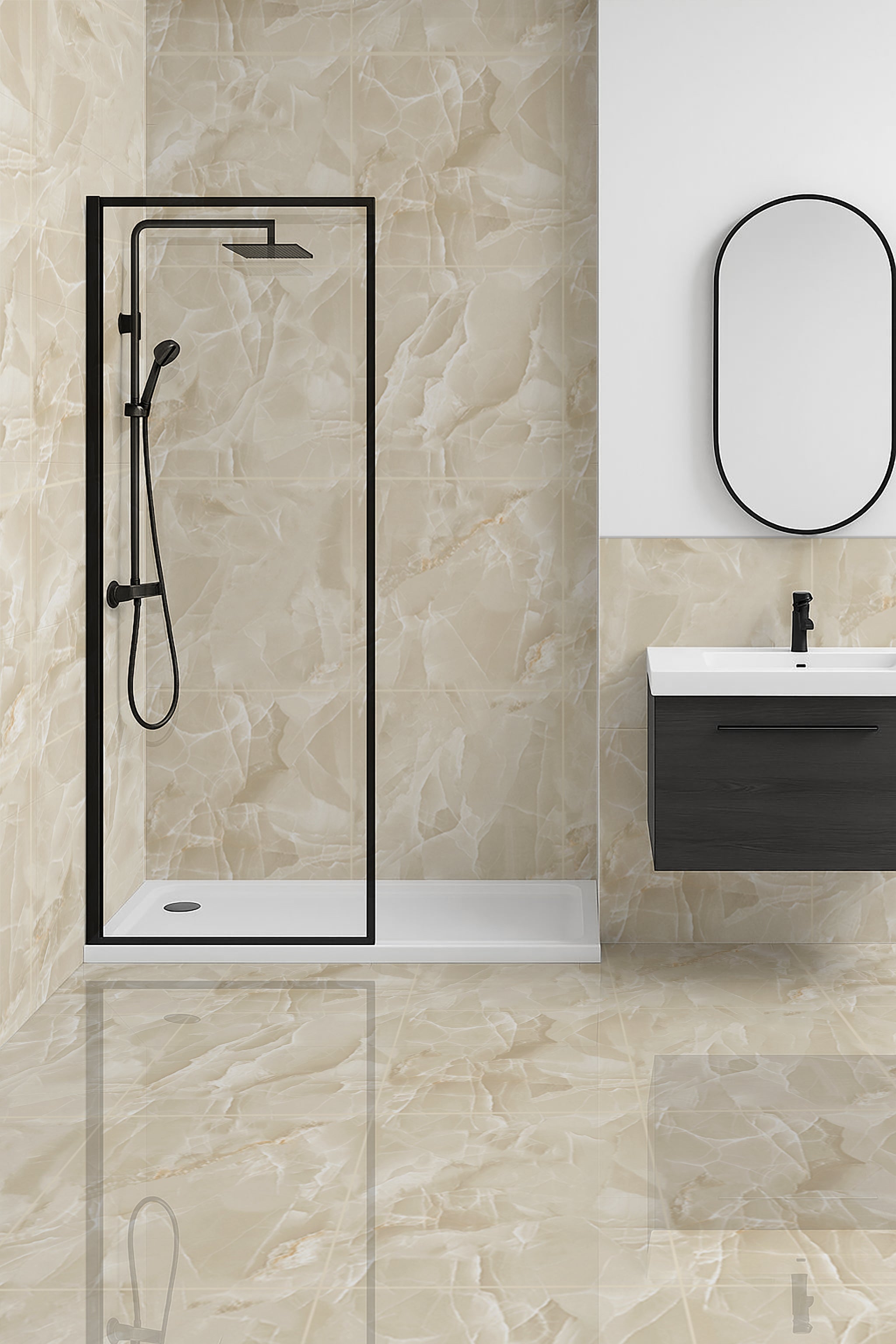 Onyx Cream Marble Effect Polished Porcelain 60x60cm Wall and Floor Tile