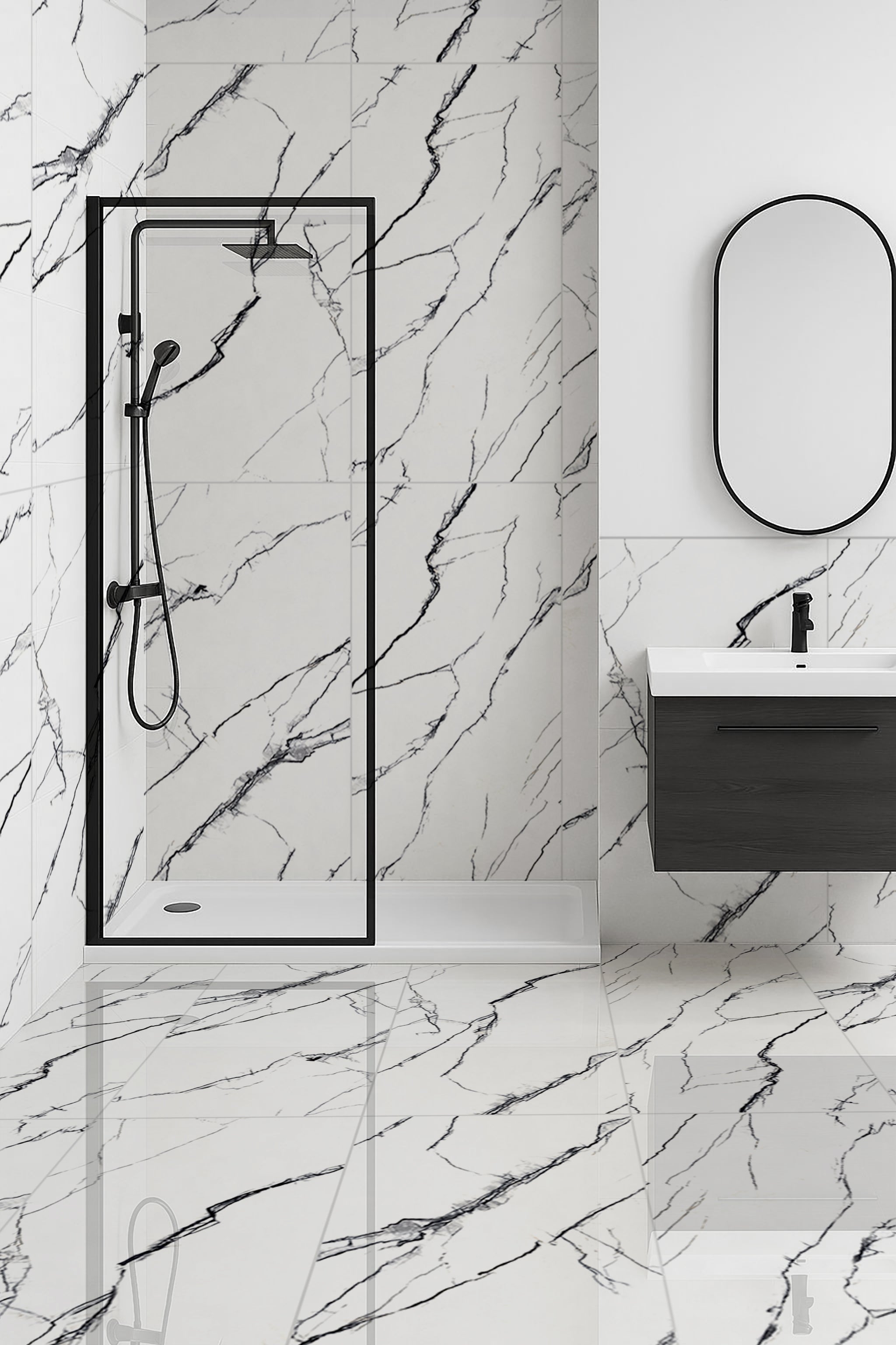 Silk White Black Marble Effect Polished Porcelain 60cm x 120cm Wall & Floor Tile