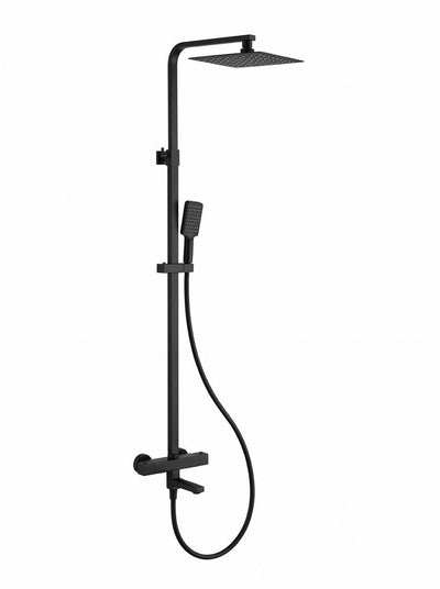Quadra Matt Black Exposed Thermostatic Bath Shower Mixer Set – Riser Rail, 300mm Square Rainfall Head, Handset & Bath Filler