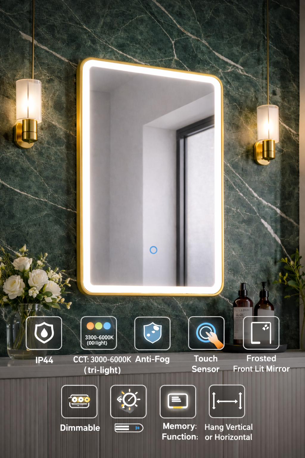 Lumora 700x500mm LED Bathroom Mirror Brushed Brass Tri-Light Touch Demister IP44