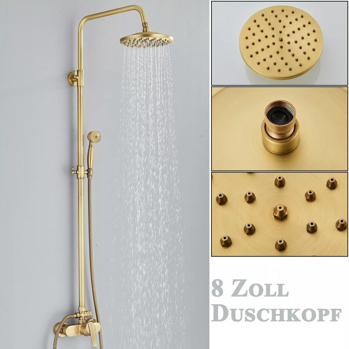 Aquari Antique Brass Exposed Shower Set with 8" Rain Head & Handheld - TILES Paradise