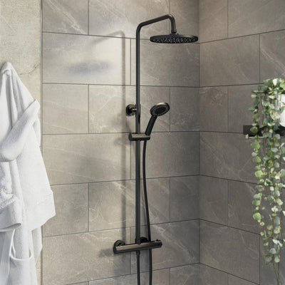 Aquari Black Thermostatic Shower Set – 228mm Round Rainfall Head & Handset, Dual Outlet Mixer - TILES Paradise