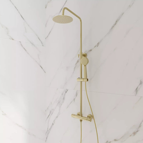 Aquari Brushed Brass Round Thermostatic Shower Set – Fixed Head & Handheld Kit